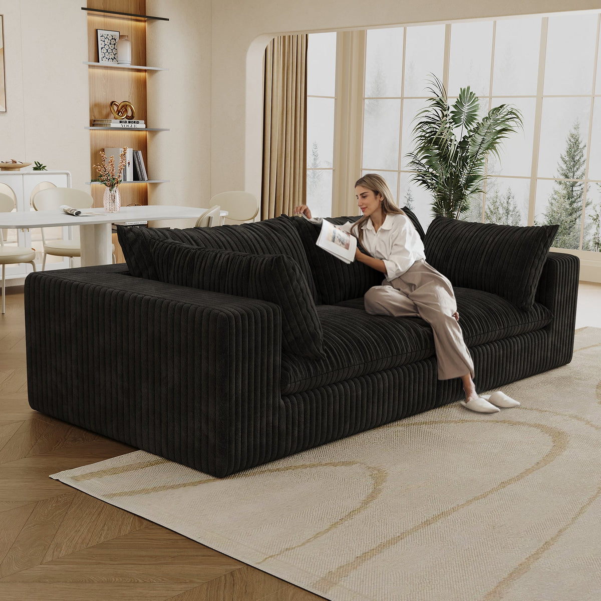 Modular Black Sofa with Feather-Filled Cushions - Black