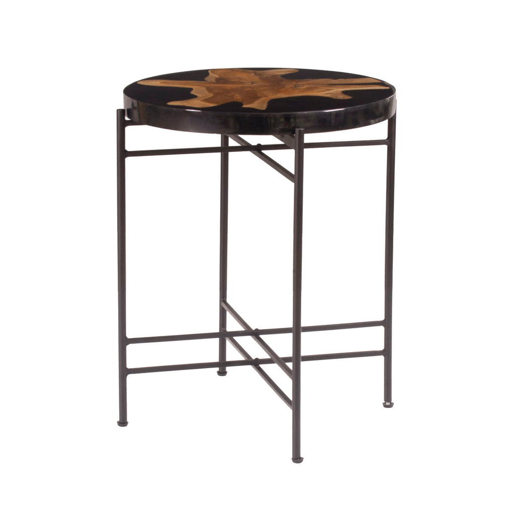 Black and Brown Side Table with Teak Root Wood and Iron Frame