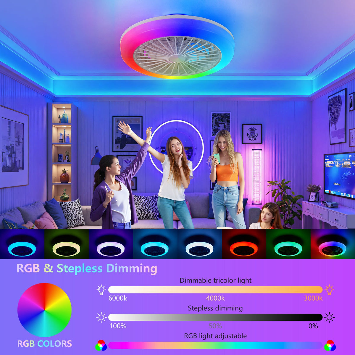 18 Inch Ceiling Fan with RGB Light and Remote Control - White