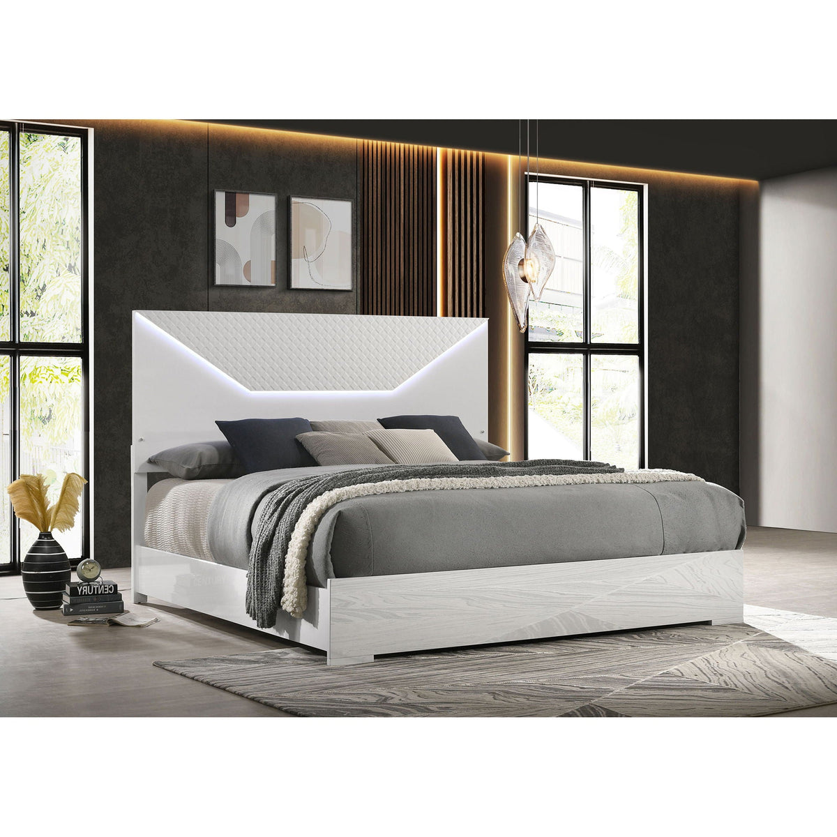 Pierce Panel Bed with LED Headboard - High Gloss Finish - White or Dark Gray
