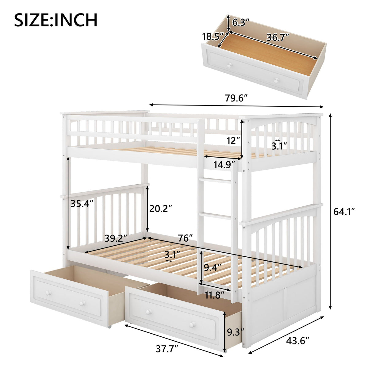 Twin Over Twin Bunk Bed with Drawers - Convertible, Solid Pine Wood - White or Dark Gray