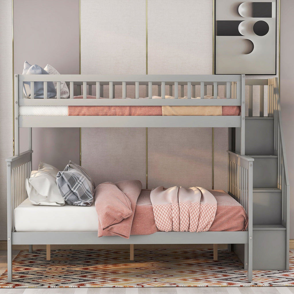 Bunk Bed with Staircase and Storage Options - Dark Gray or White