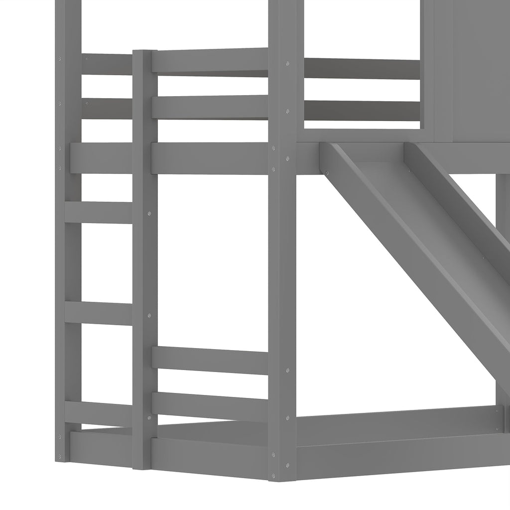 Twin House Bunk Bed with Slide and Storage Shelves - Pine Wood