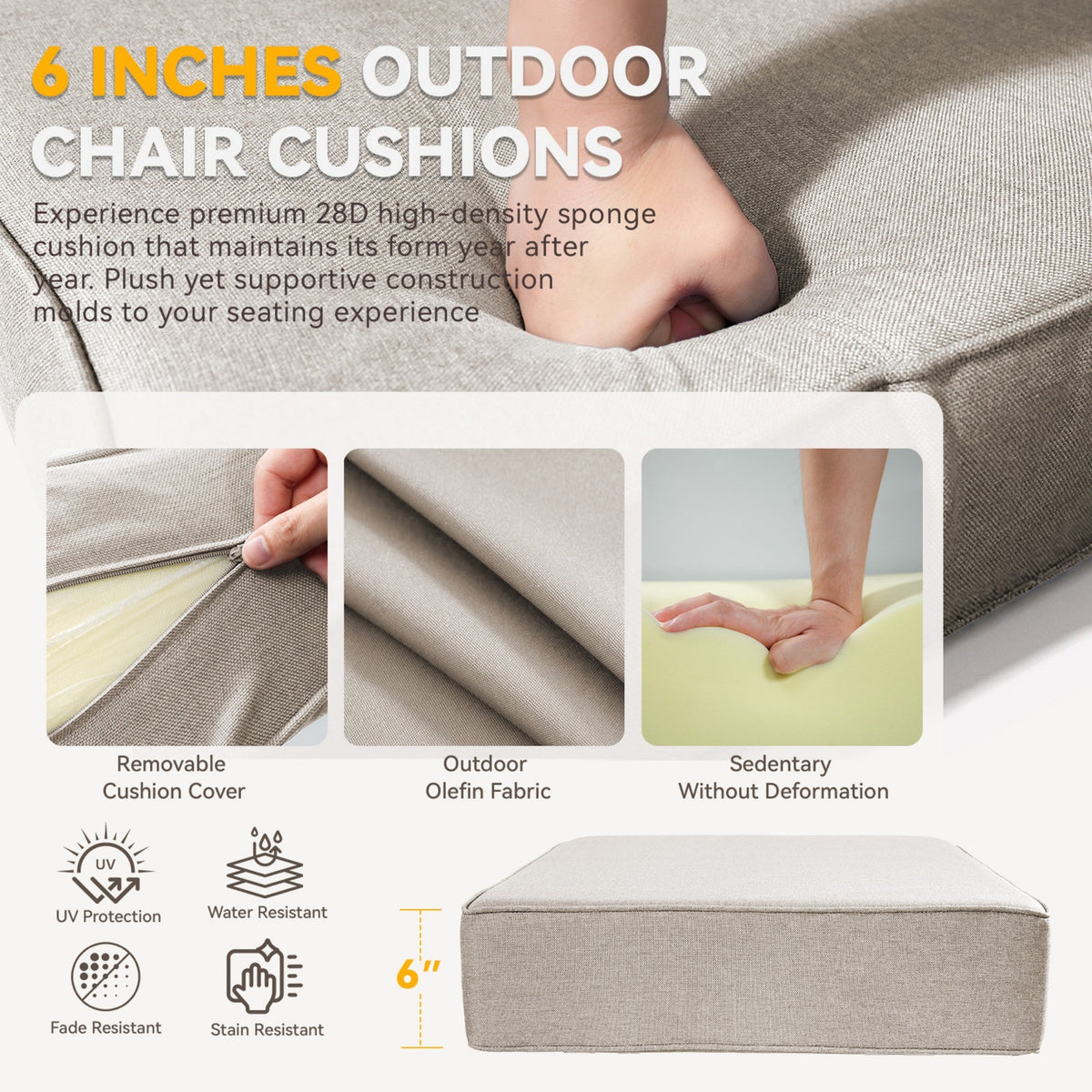 6" Thicker Outdoor Chair Cushion Set with Waterproof Olefin - Neutral