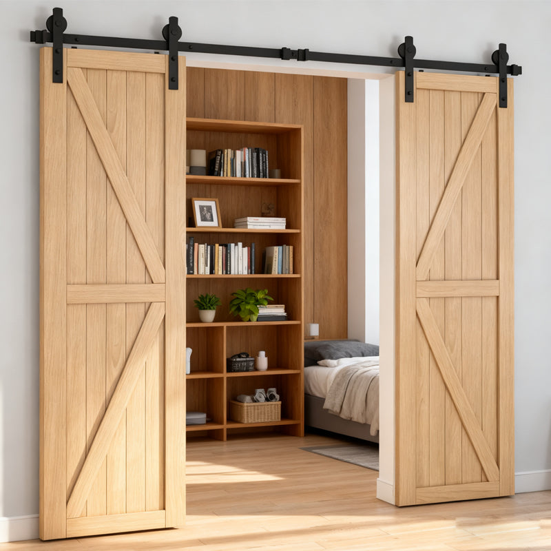 12FT Wood Double Sliding Barn Door Hardware with Smooth Steel Track - Black