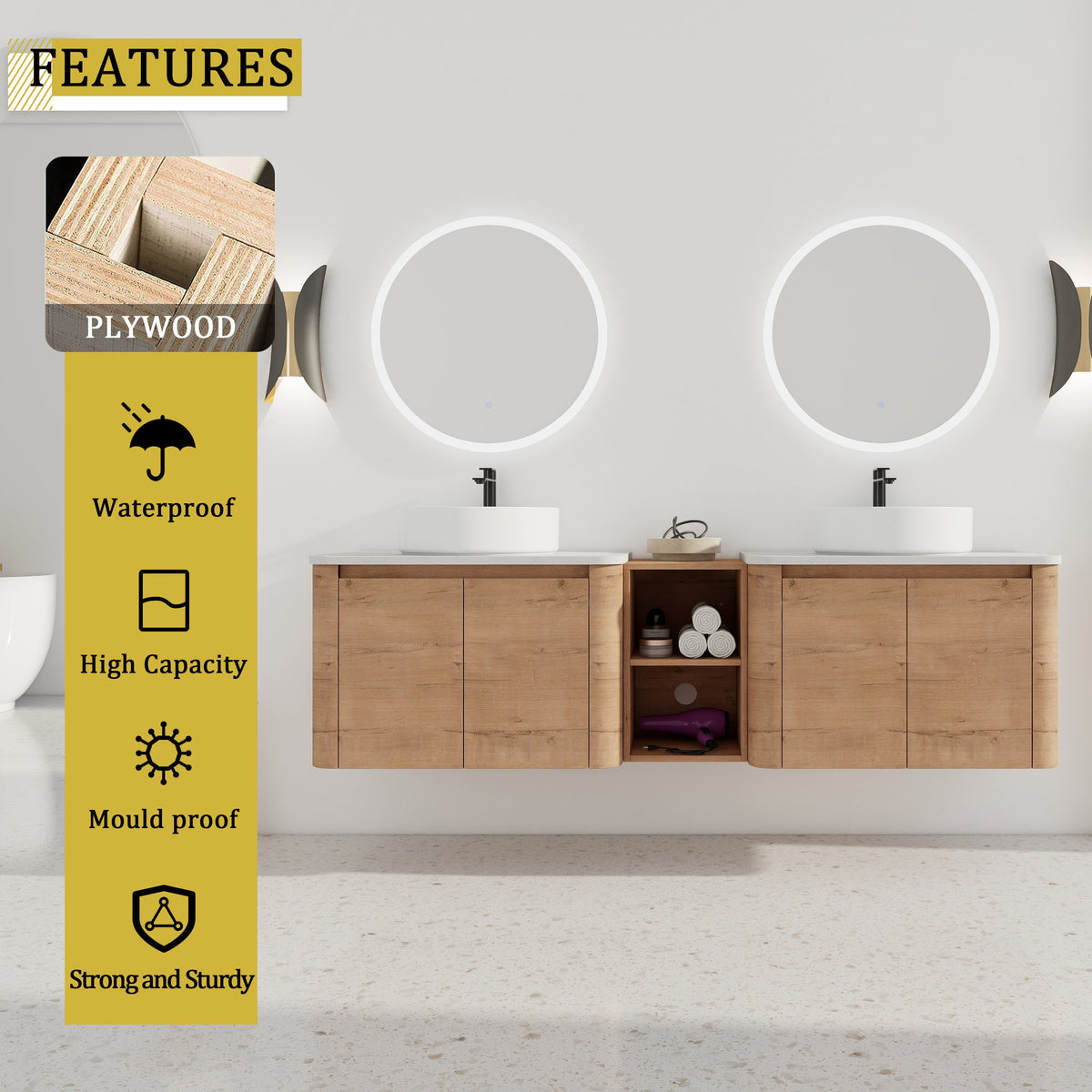 72" Wall-Mounted Bathroom Vanity with Ceramic Sink and Soft-Close Doors - White