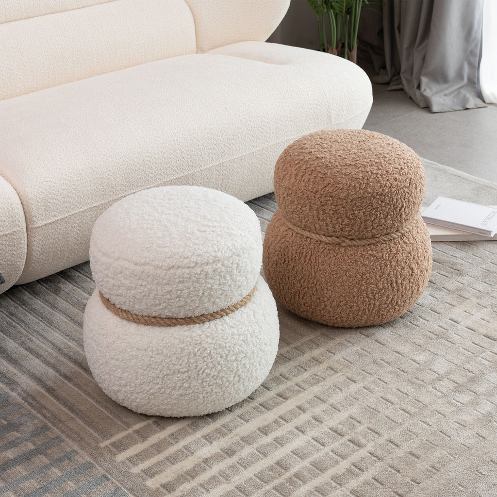 Snowman Stool Ottoman with Lamb Wool Cushion and Solid Wood Frame - White, Light Brown, Dark Green