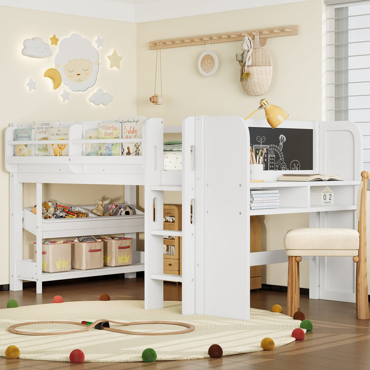 Twin Loft Bed with Multi-Storage Bookcases and Desk - White