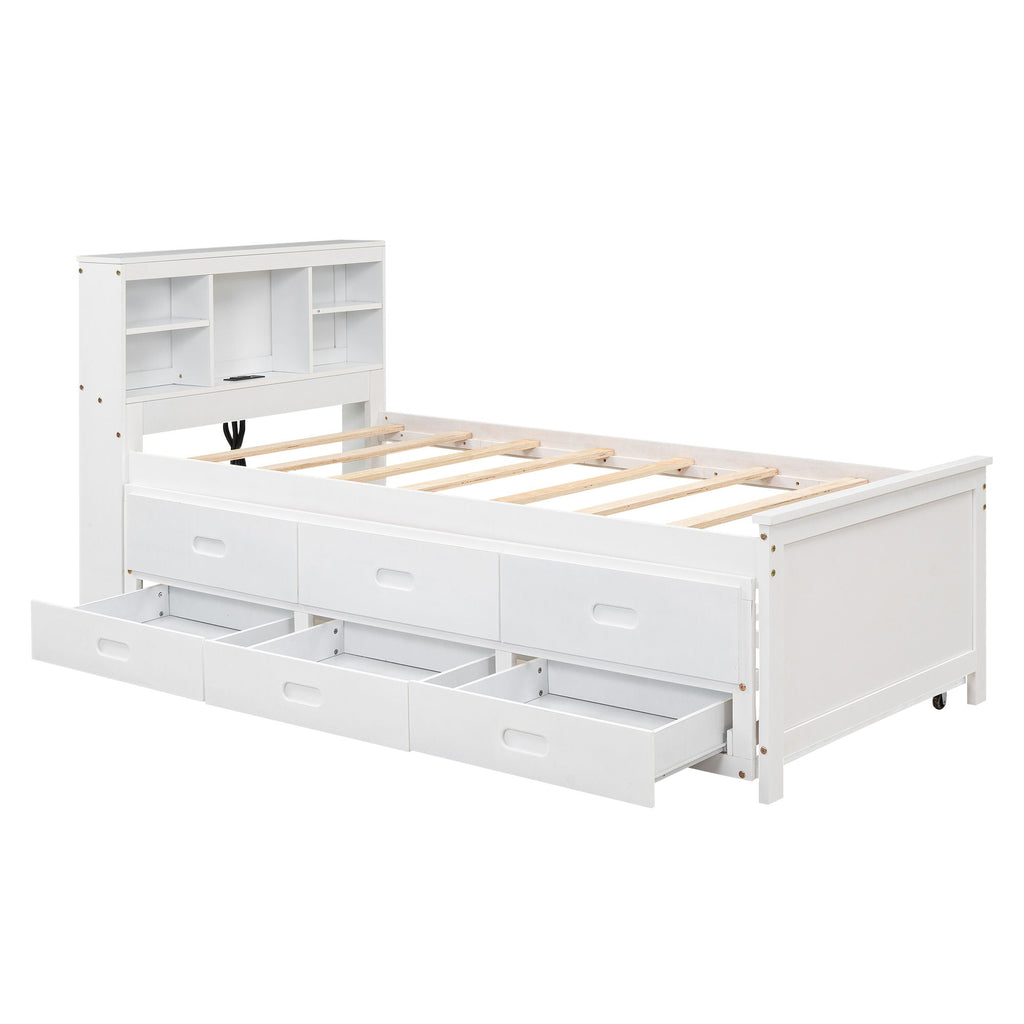 Platform Bed with Storage Headboard, USB, Trundle & 3 Drawers - Twin or Full