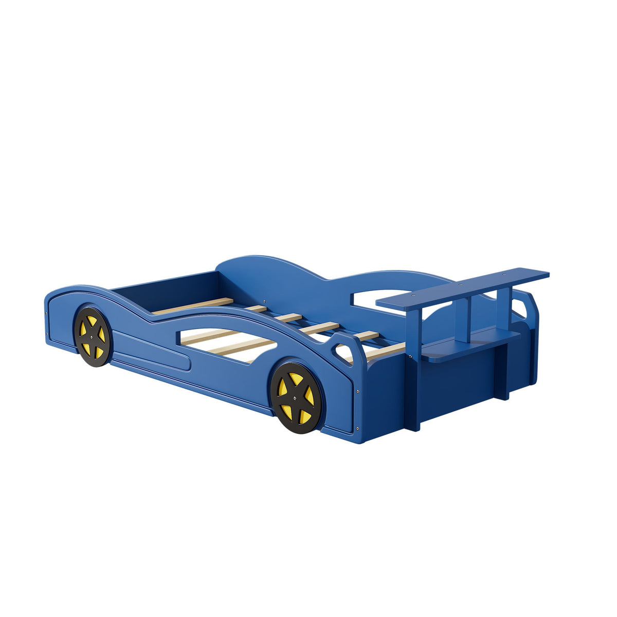 Race Car Platform Bed with Built-In Storage and Side Rails - Twin Size, Red or Blue