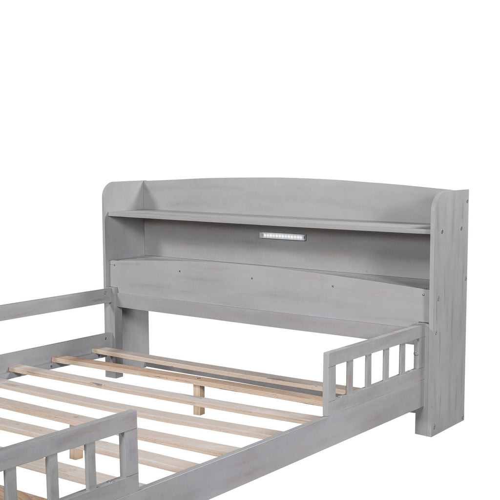Wood Platform Storage Bed with LED Light & Storage Headboard - White or Dark Gray