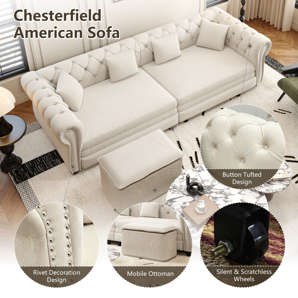 Chesterfield 3-in-1 Pull-Out Sofa Bed with Ottoman - Velvet