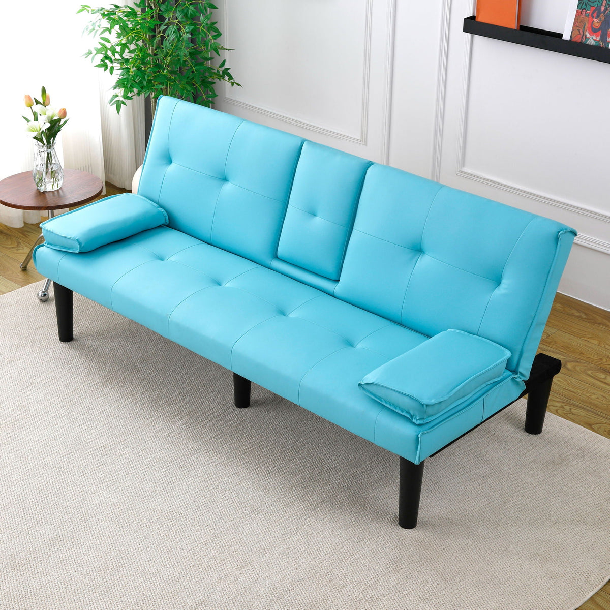 Foldable Sofa Bed with Cup Holder and Solid Wood Frame - Multiple Colors