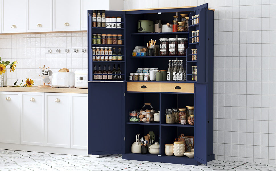 Large Freestanding Kitchen Pantry Storage Cabinet with Adjustable Shelves - Blue, Gray, White