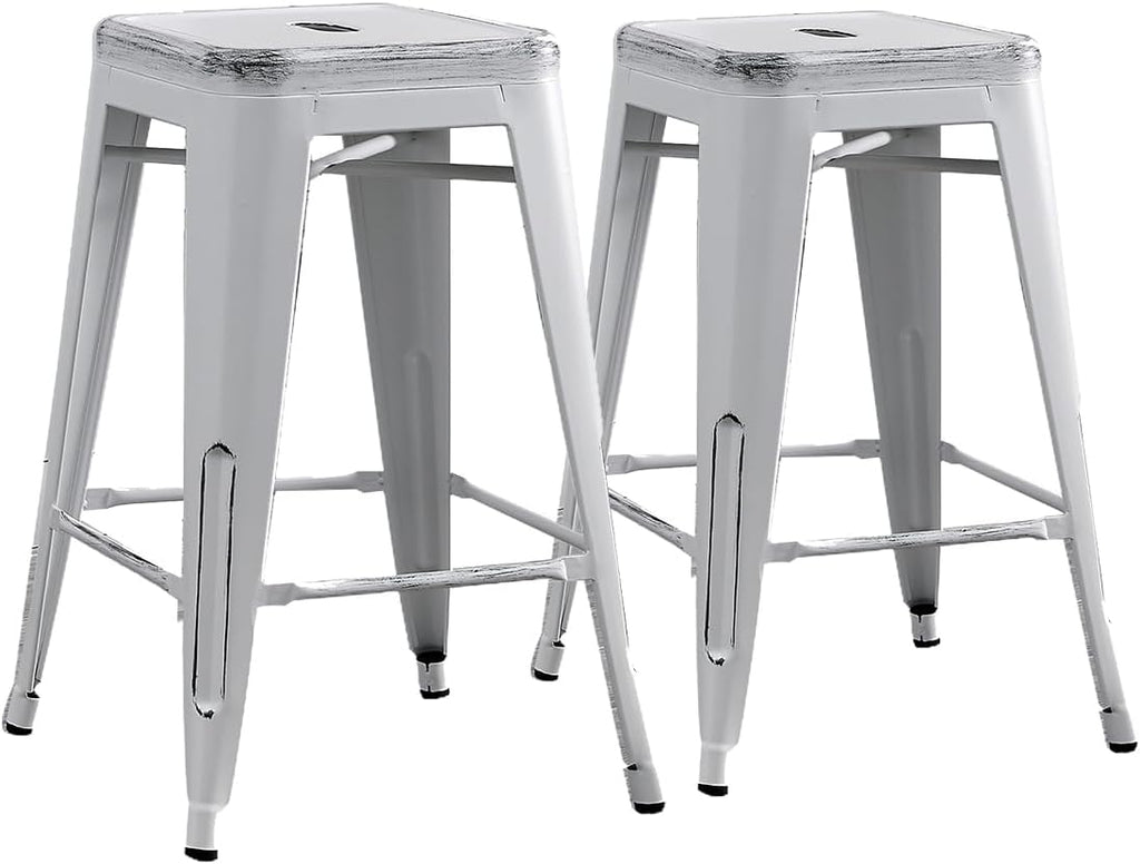 Backless Industrial Metal Bar Stools with Reinforced Design - Distressed White