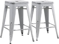 Backless Industrial Metal Bar Stools with Reinforced Design - Distressed White