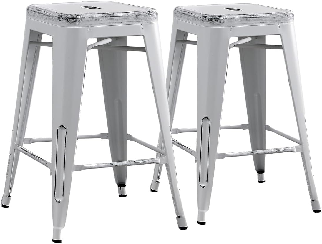 Backless Industrial Metal Bar Stools with Reinforced Design - Distressed White