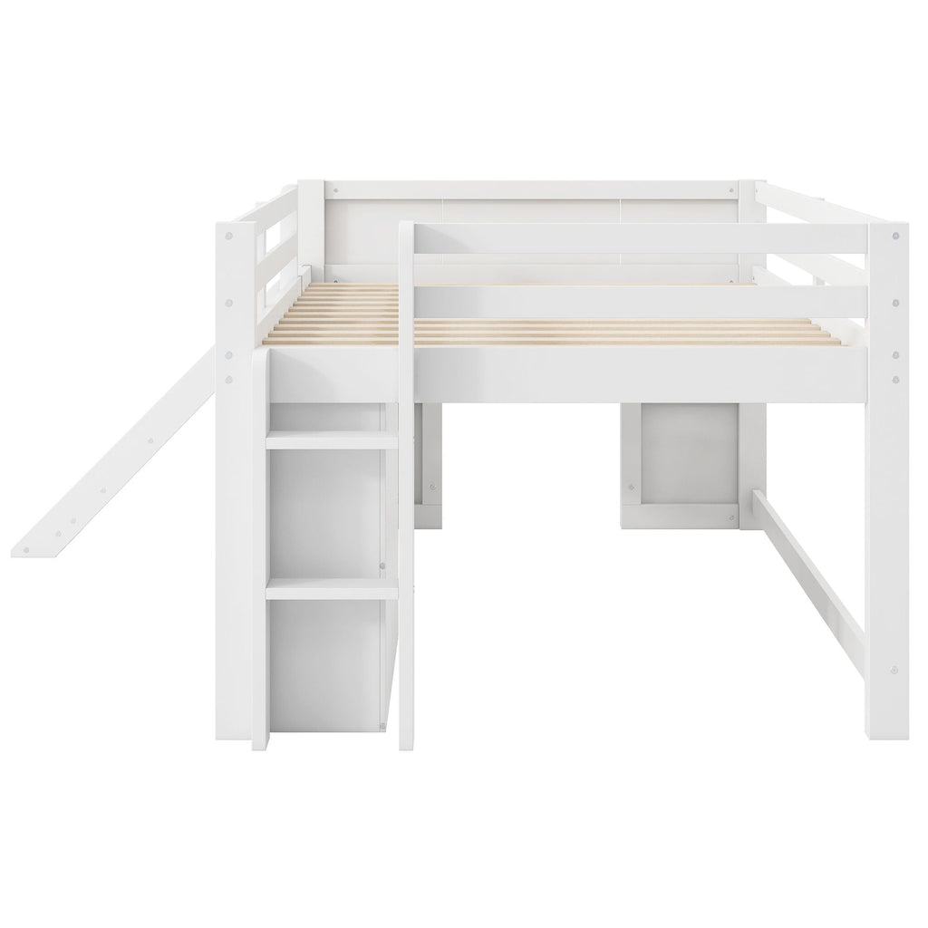 Modern Low Loft Bed with Slide, 3 Storage Drawers and 2 Doors - White