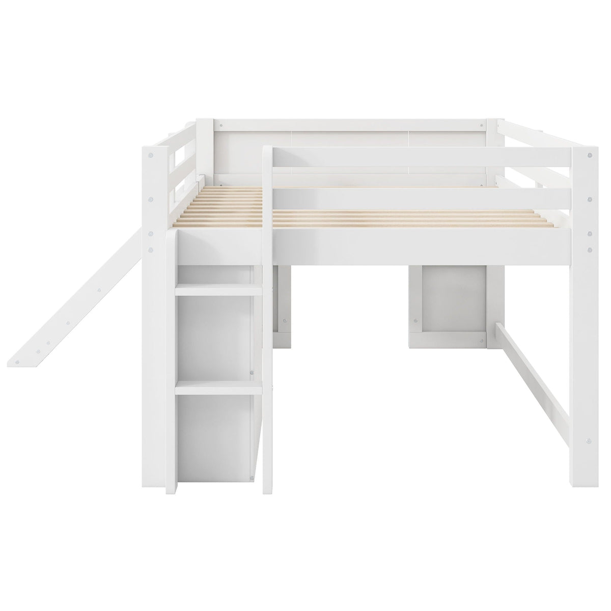 Modern Low Loft Bed with Slide, 3 Storage Drawers and 2 Doors - White
