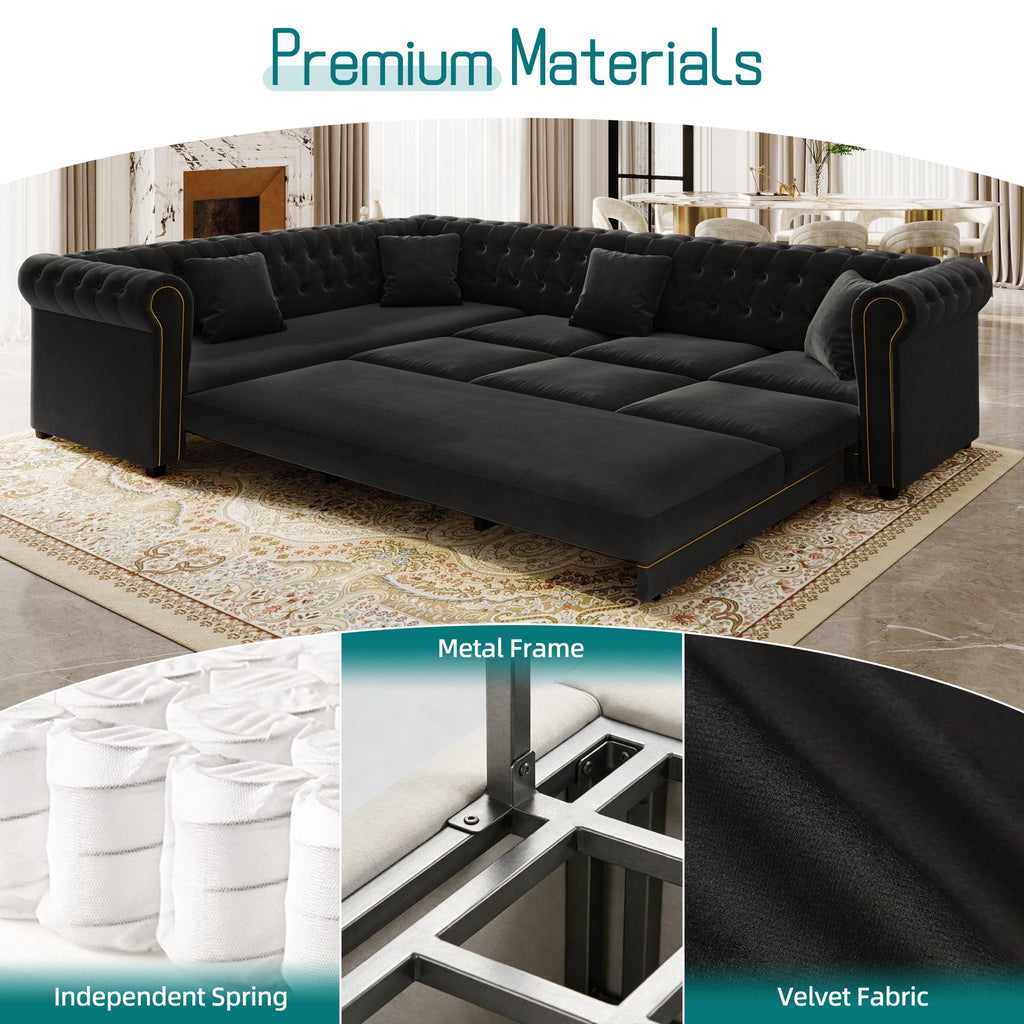 L-Shaped Sofa Couch with Pull-Out Bed - Black Velvet