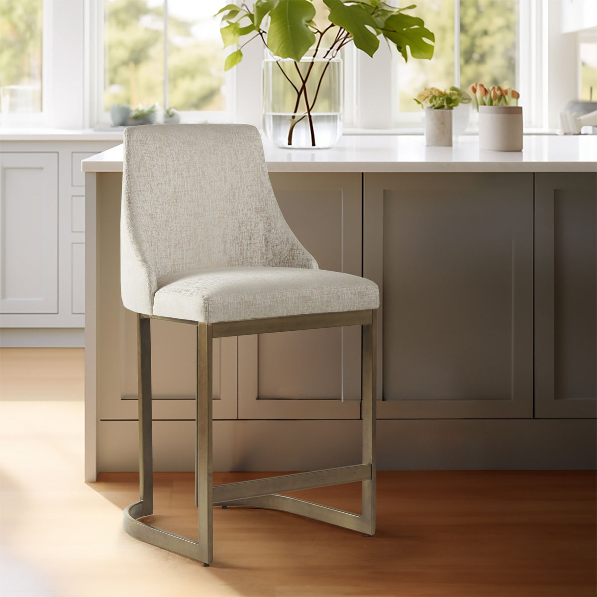 Upholstered Counter Stool with Metal Base – Cream