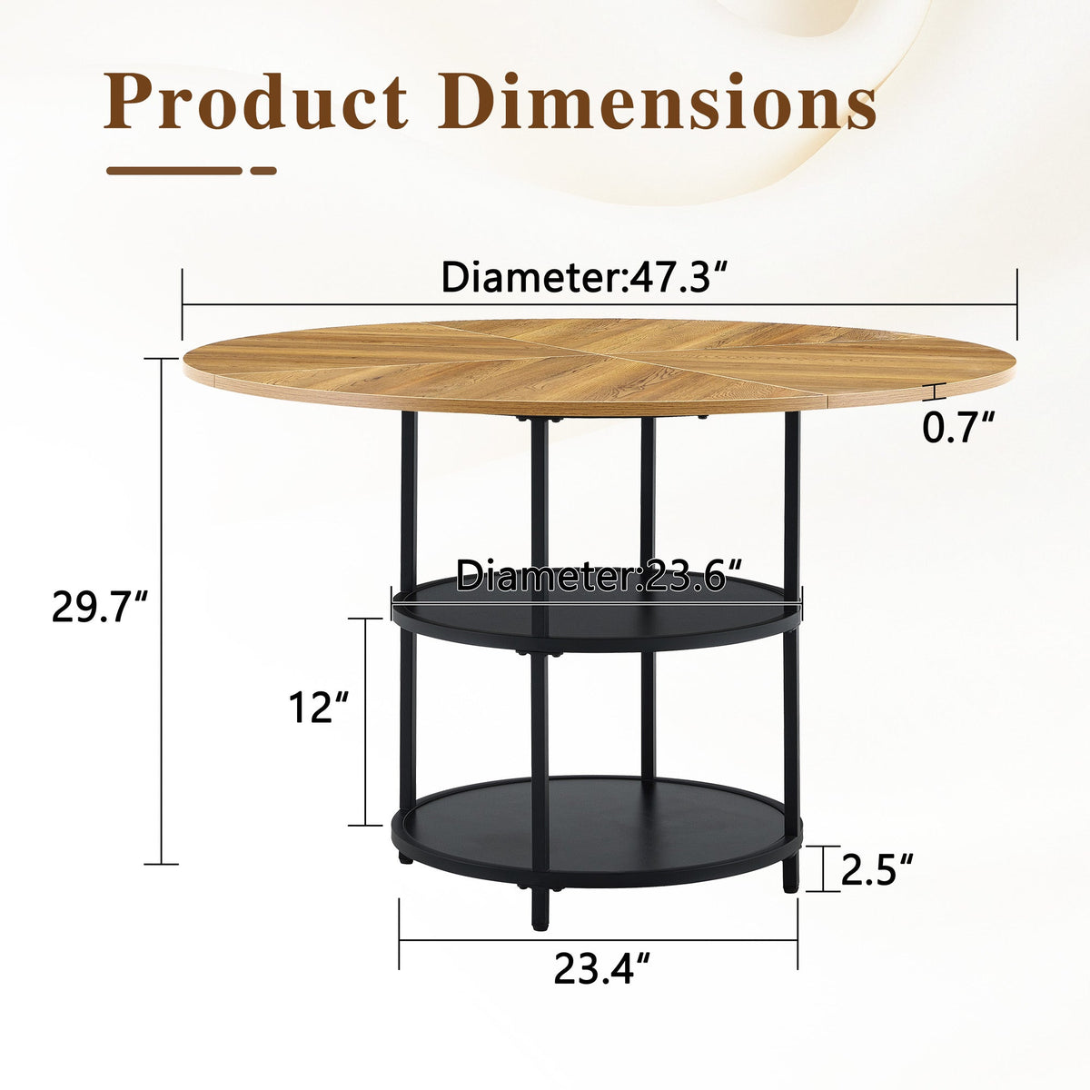 47.3-Inch Diameter Modern Circular Dining Table with Double-Layer Storage - Black, Wood