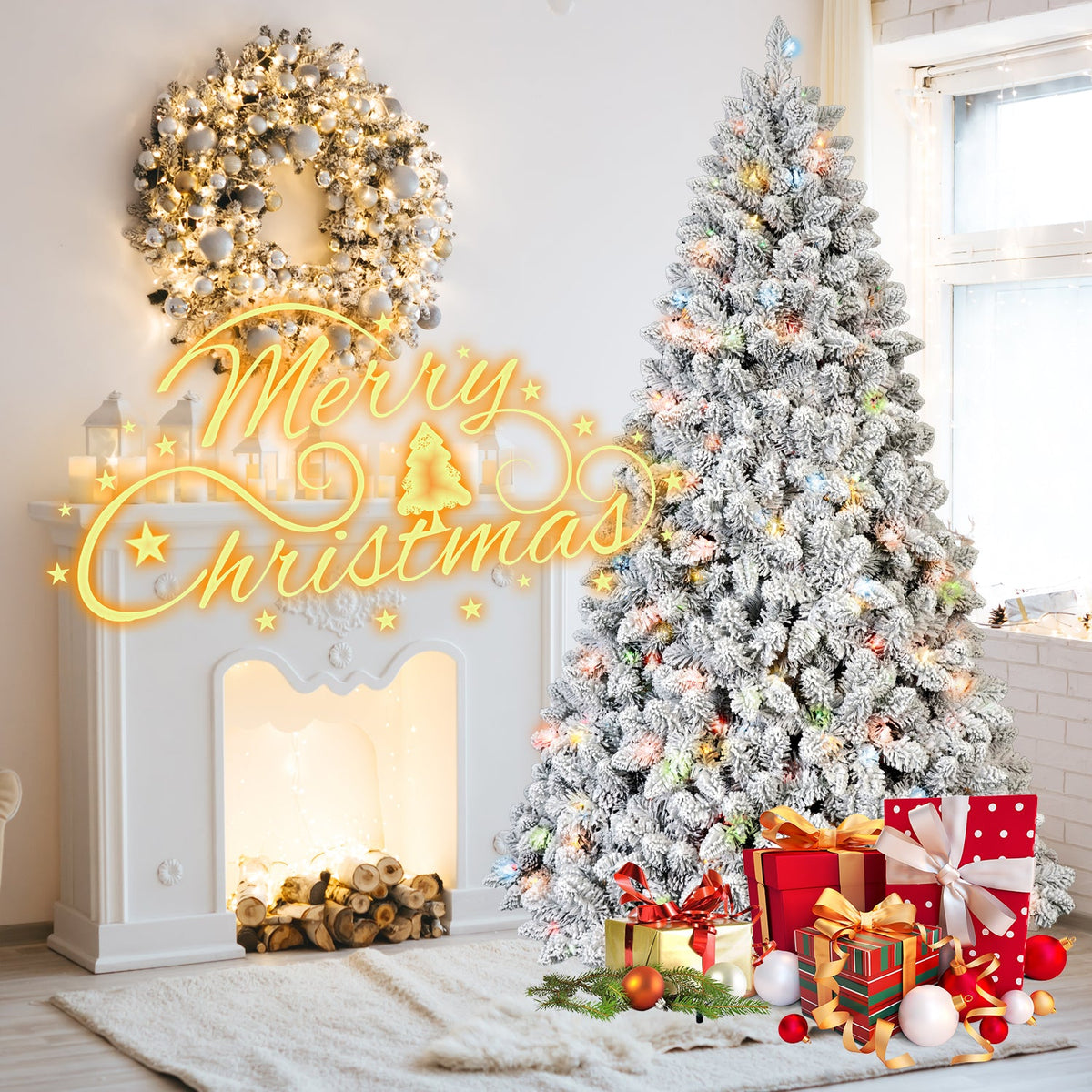 6FT Flocked Christmas Tree with 350 Colorful UL Lights - Green