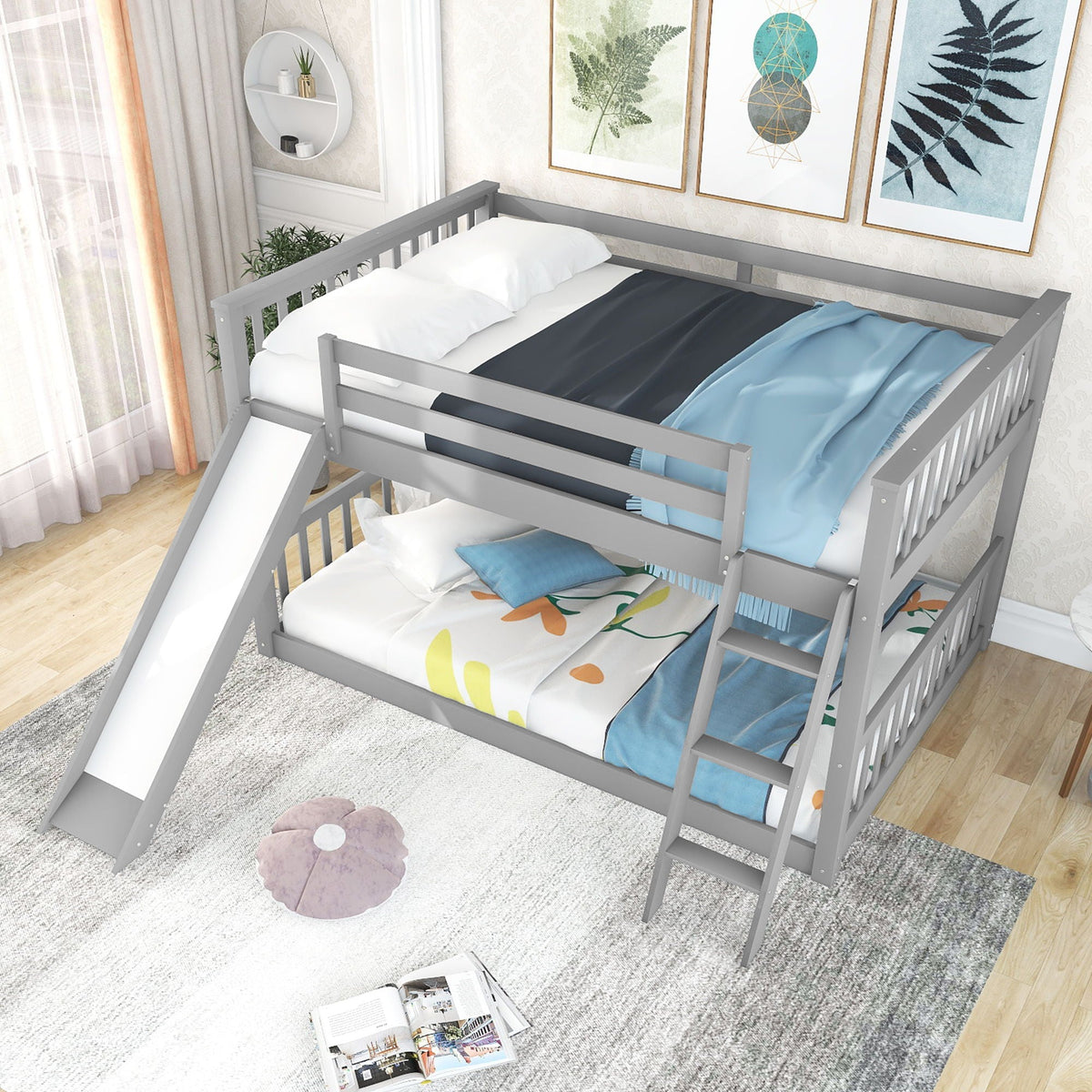 Bunk Bed with Convertible Slide and Ladder - White or Dark Gray