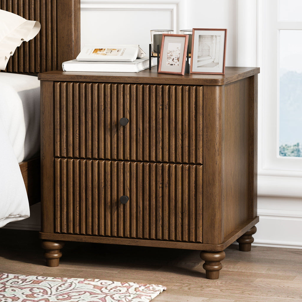 Modern Fluted Nightstand with 3 Drawers - Dark Brown or Light Brown