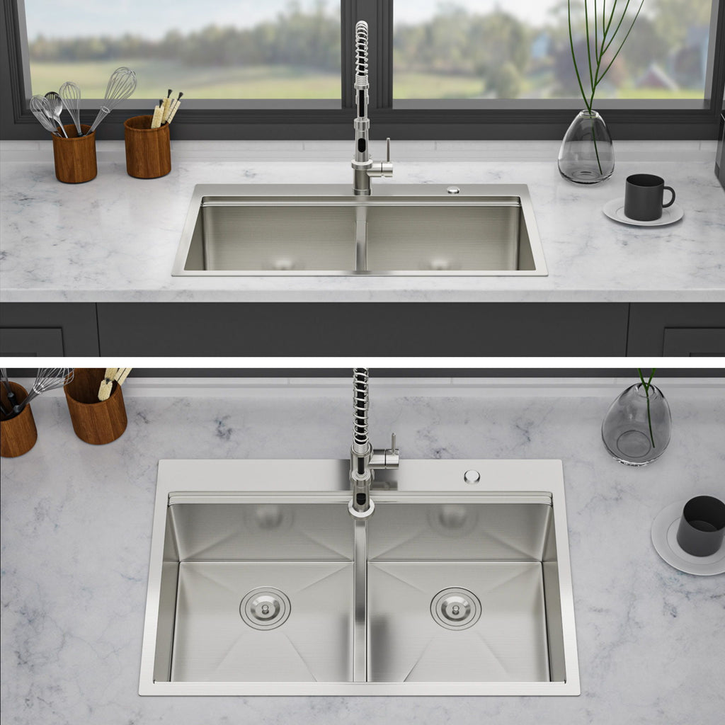 Double Bowl Stainless Steel Kitchen Sink with Workstation Ledges - Brushed Nickel
