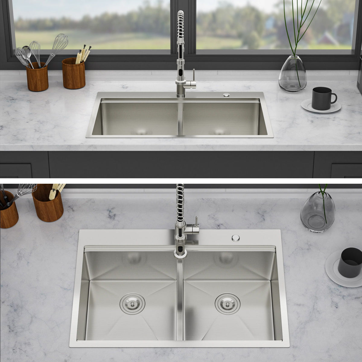 Double Bowl Stainless Steel Kitchen Sink with Workstation Ledges - Brushed Nickel