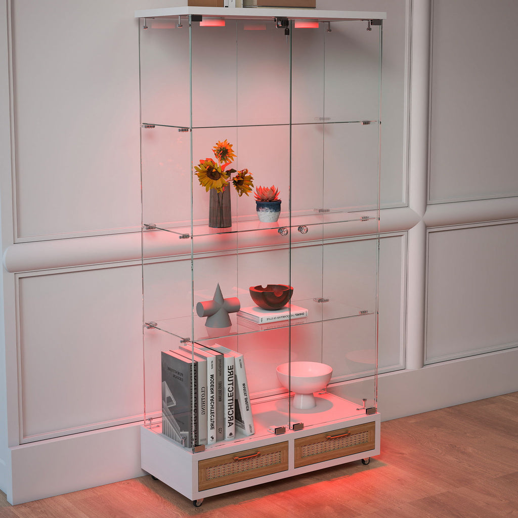 Glass Display Cabinet with LED Lights and Large Drawers - Natural / White