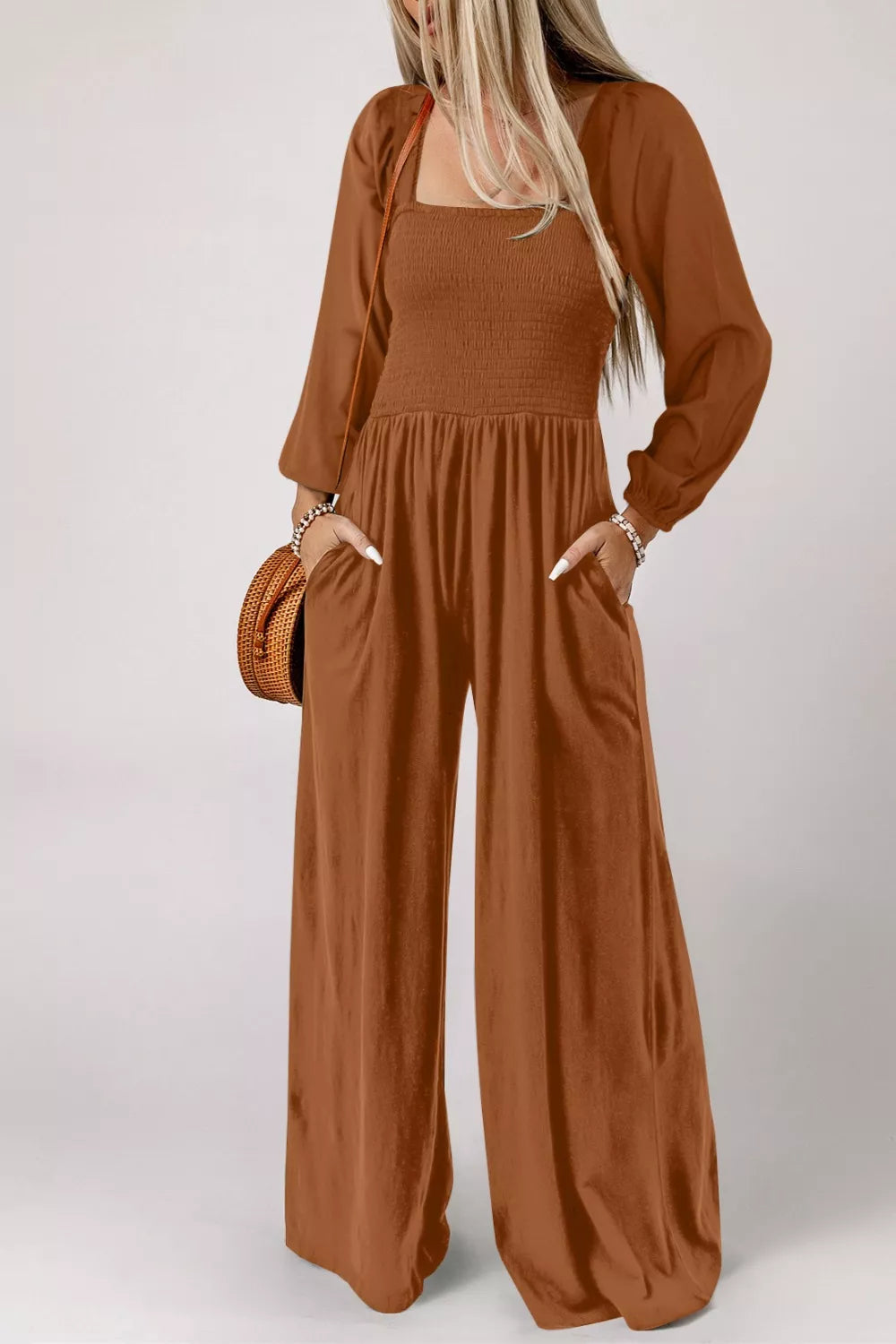 Boho Smocked Square Neck Wide Leg Jumpsuit