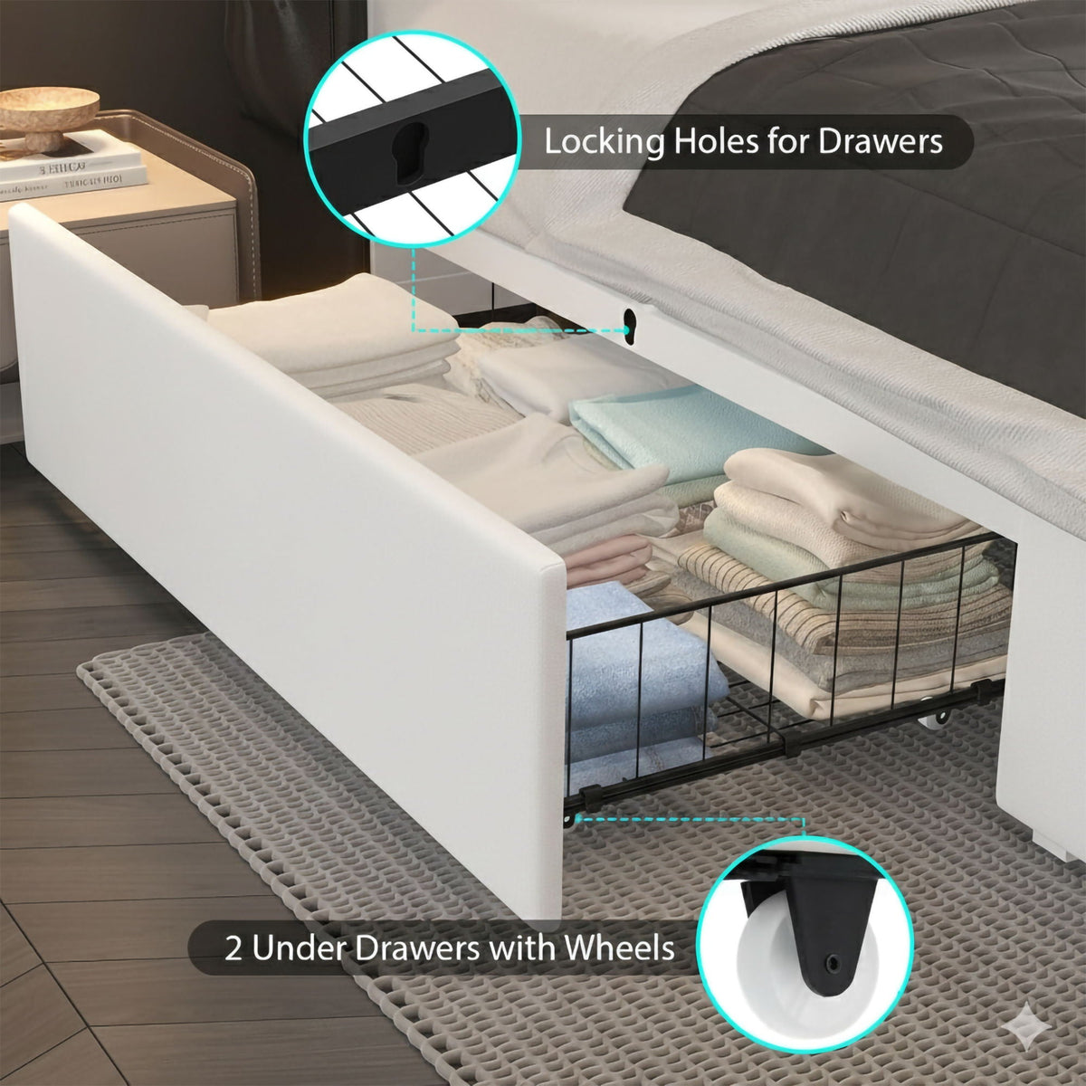 Wingback Upholstered Bed Frame with LED Lights and Charging Station - Black or White