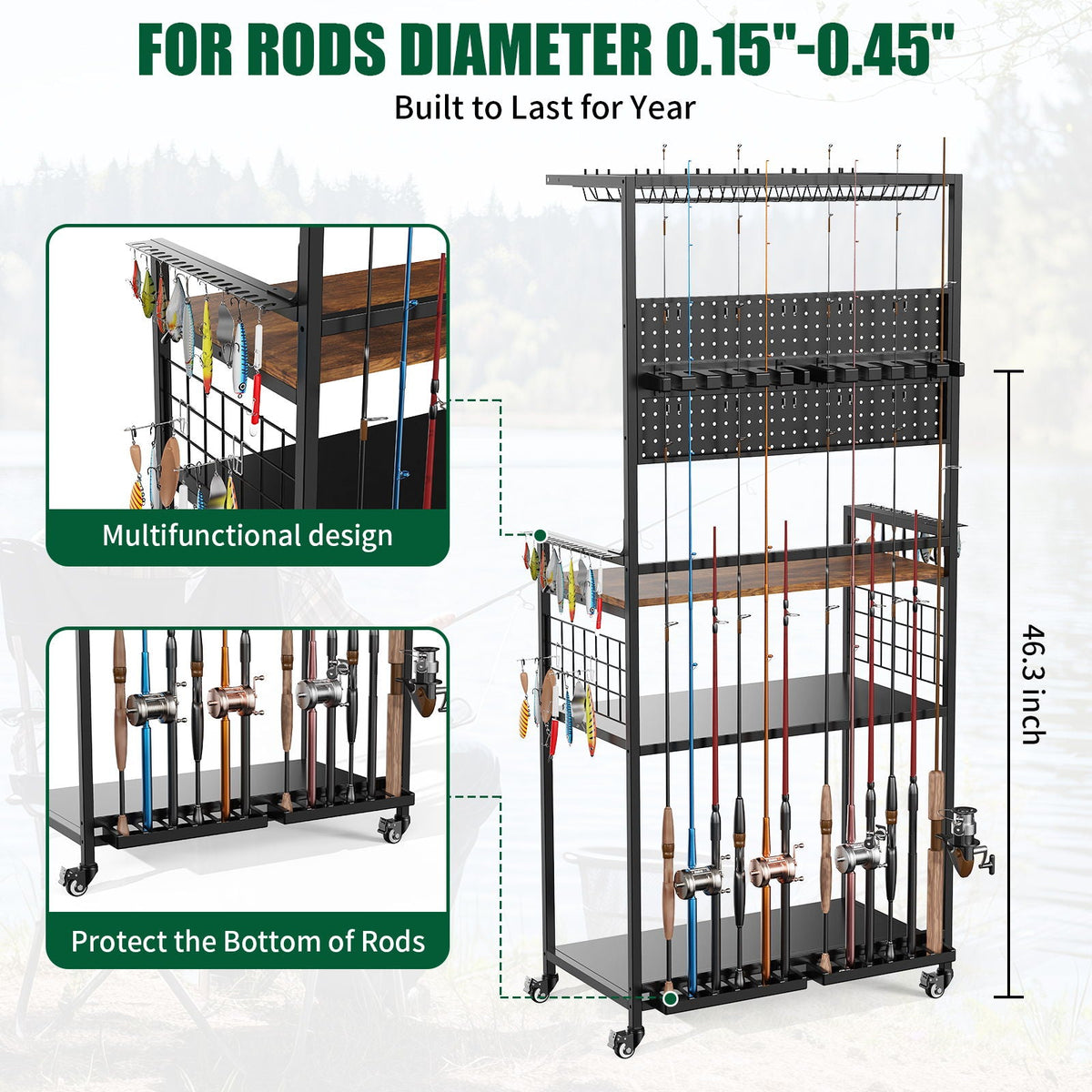 Fishing Rod Storage Rack with Pegboard - Rolling Tackle Organizer Cart - Black