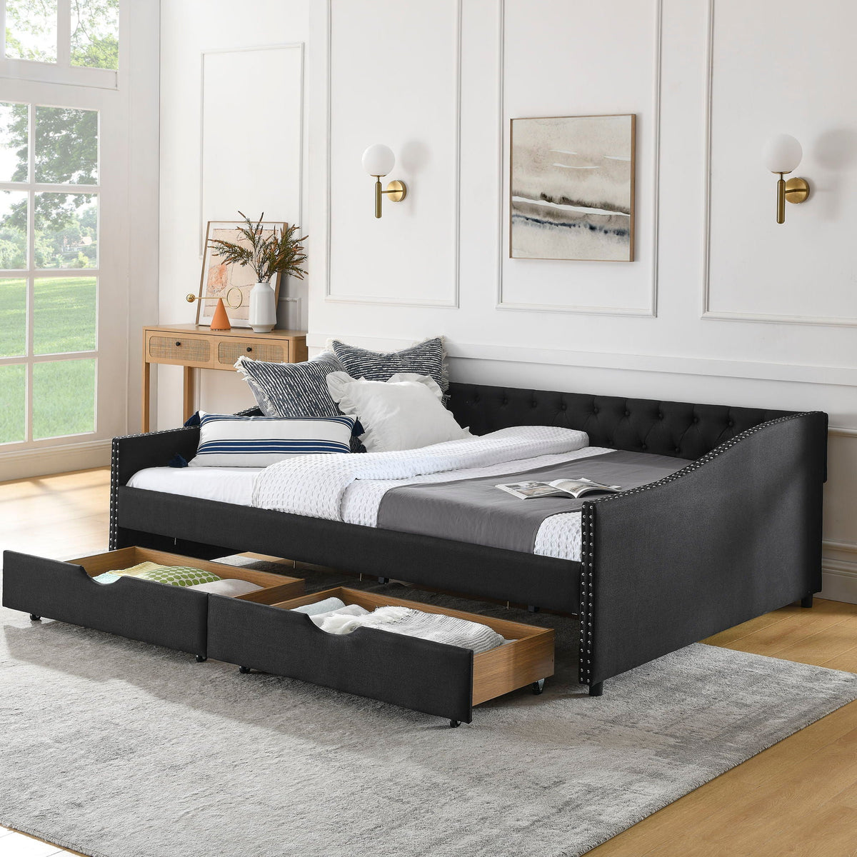 Upholstered Tufted Daybed with 2 Drawers and Waved Arms - Multiple Colors
