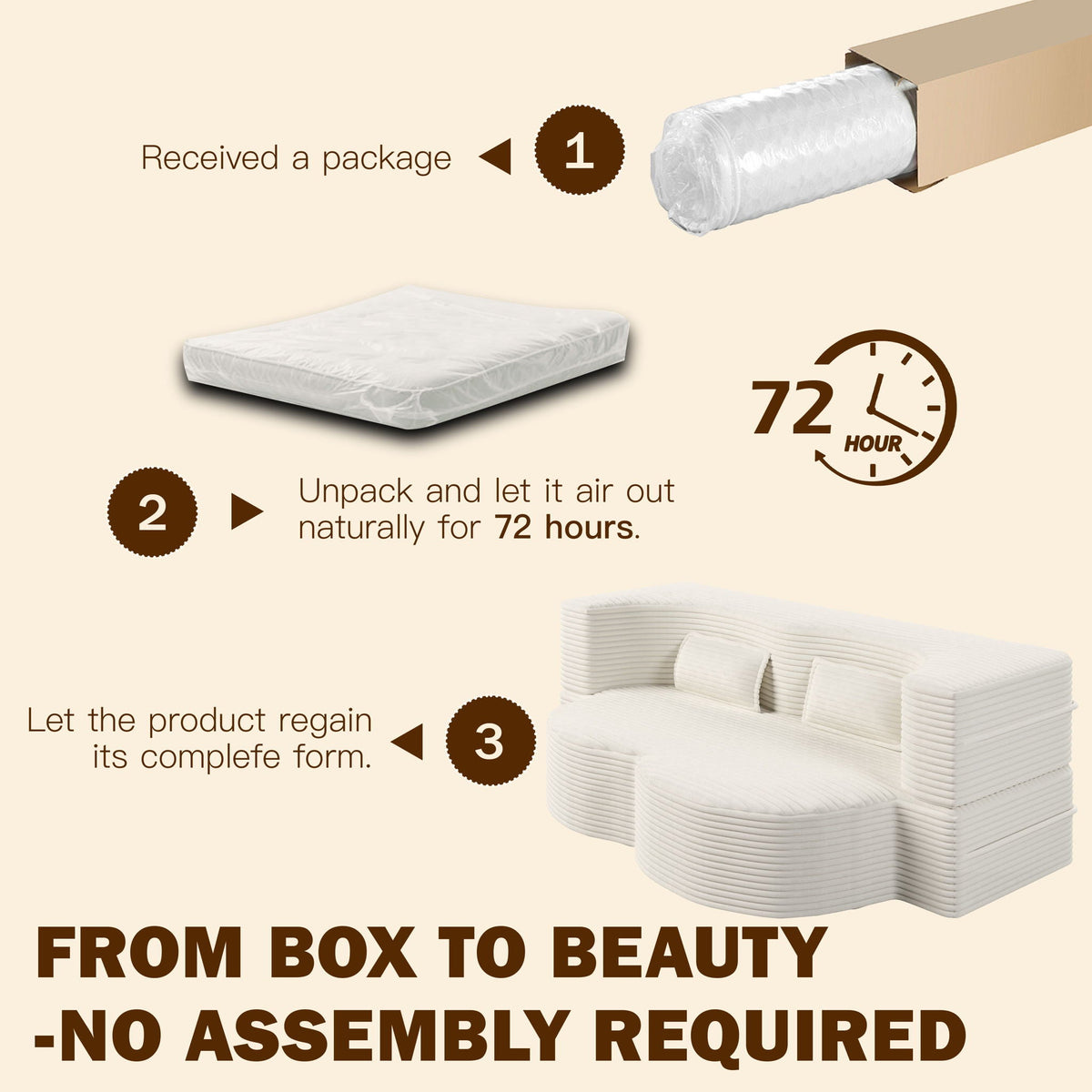Convertible Floor Sofa with 2 Pillows - Twin Size Corduroy - White or Gray