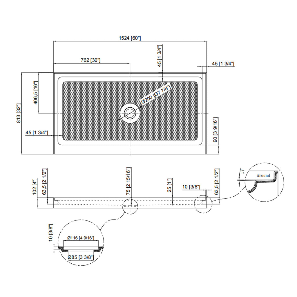 60" x 32" Shower Base with Slip-Resistant Surface - Central Drain