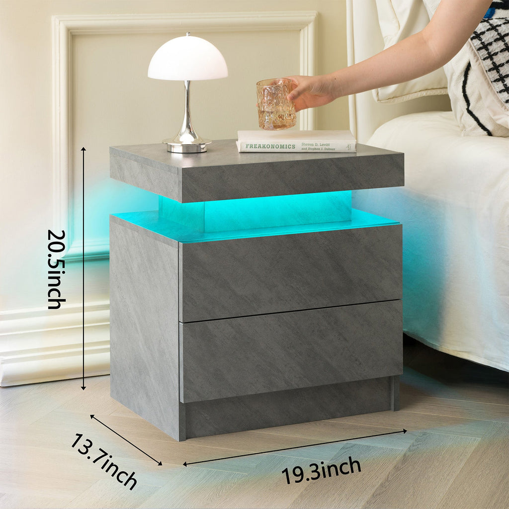 Modern LED Nightstand with 2 Drawers and Adjustable Lighting - Deep Gray
