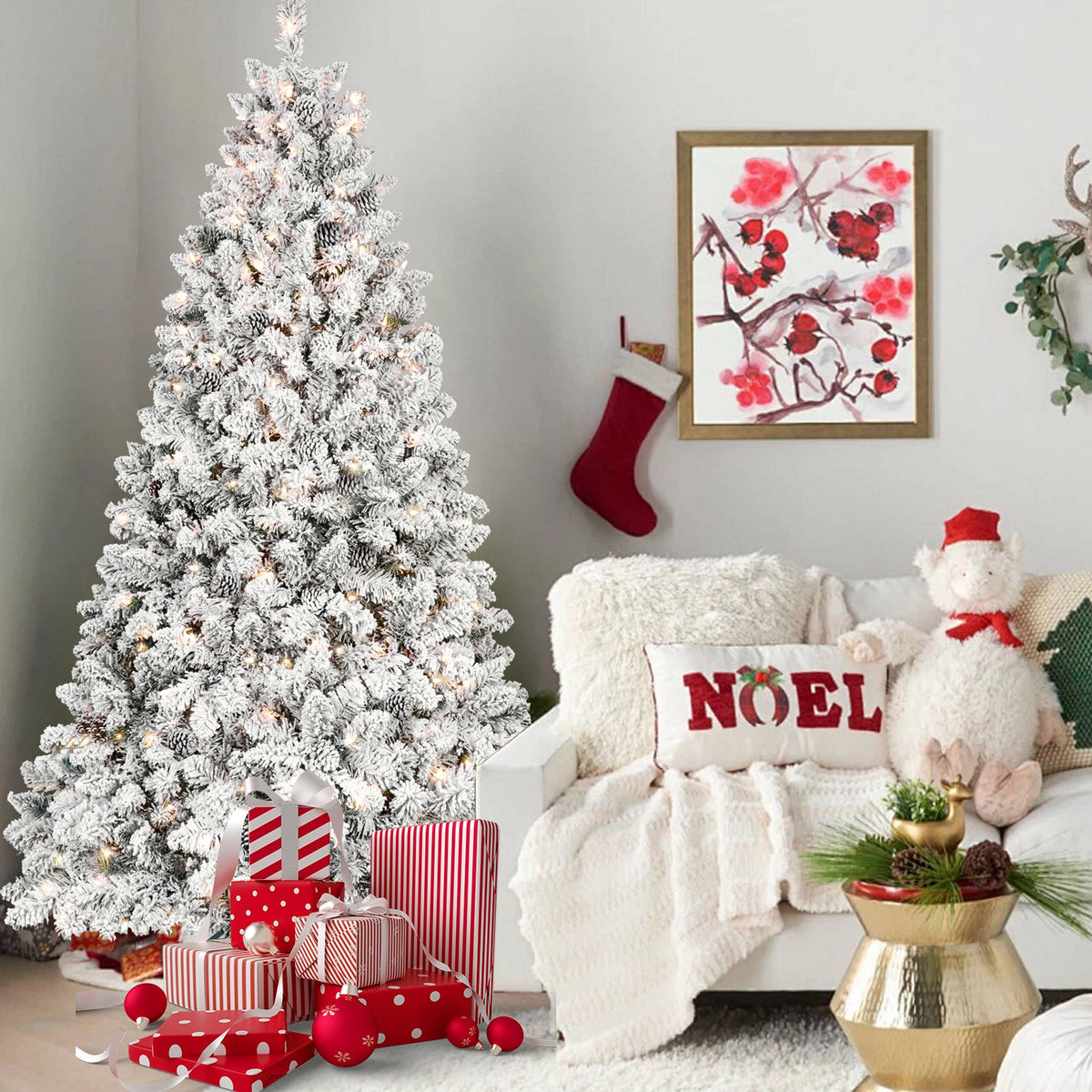 5FT Flocked Christmas Tree with 300 UL Lights and Pine Cones - White