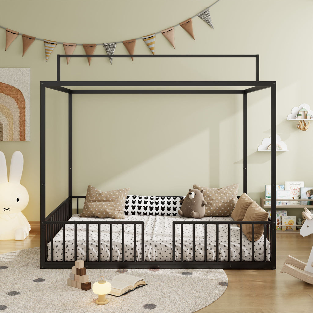 3 In 1 Convertible Montessori Floor Bed with Fenced Support - Full