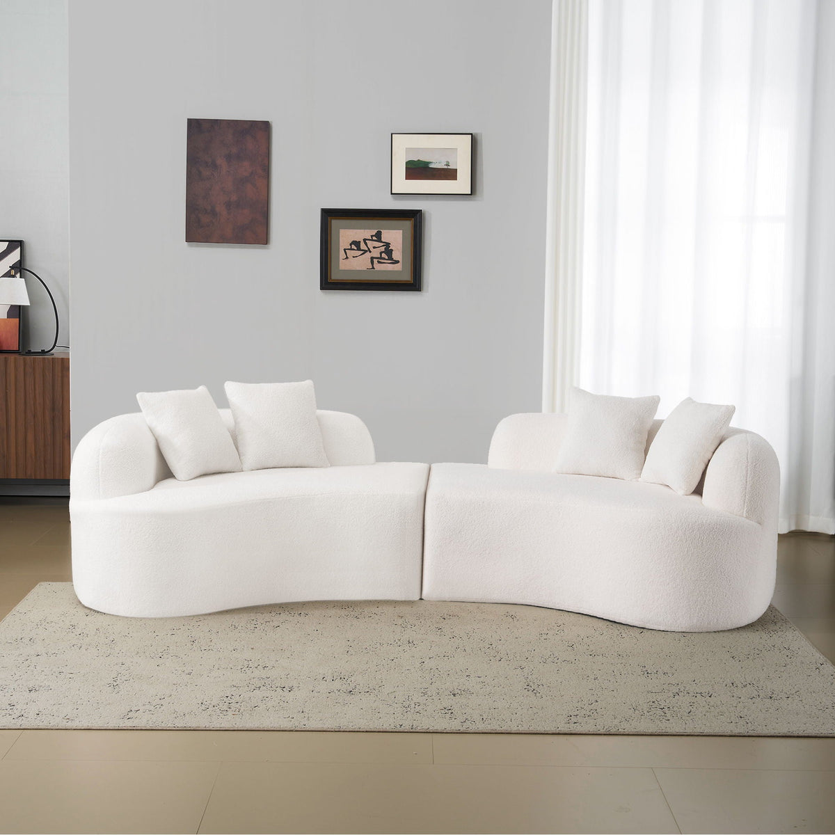 Curved 4 Seater Full Compression Sponge Sofa with Soft Upholstery - White or Gray