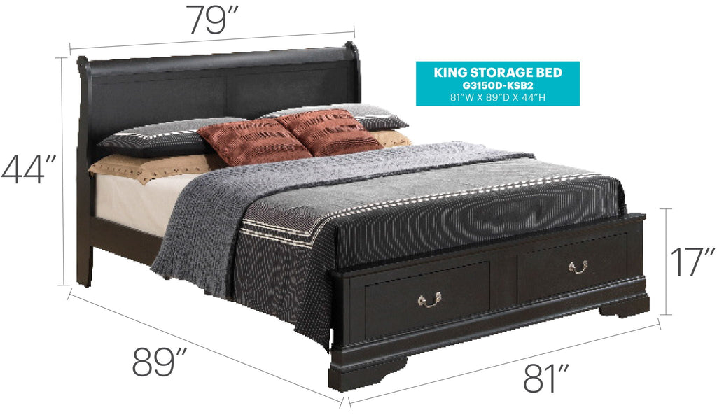 Upholstered Panel Sleigh Storage Bed with Dove Tail Drawers - Multiple Colors