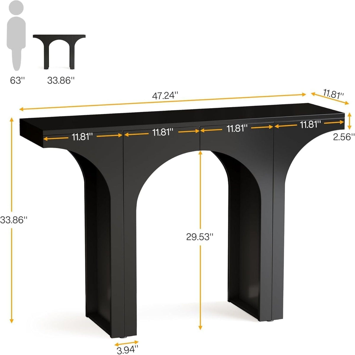 Black Console Table with Arched Base - Solid Wood & MDF