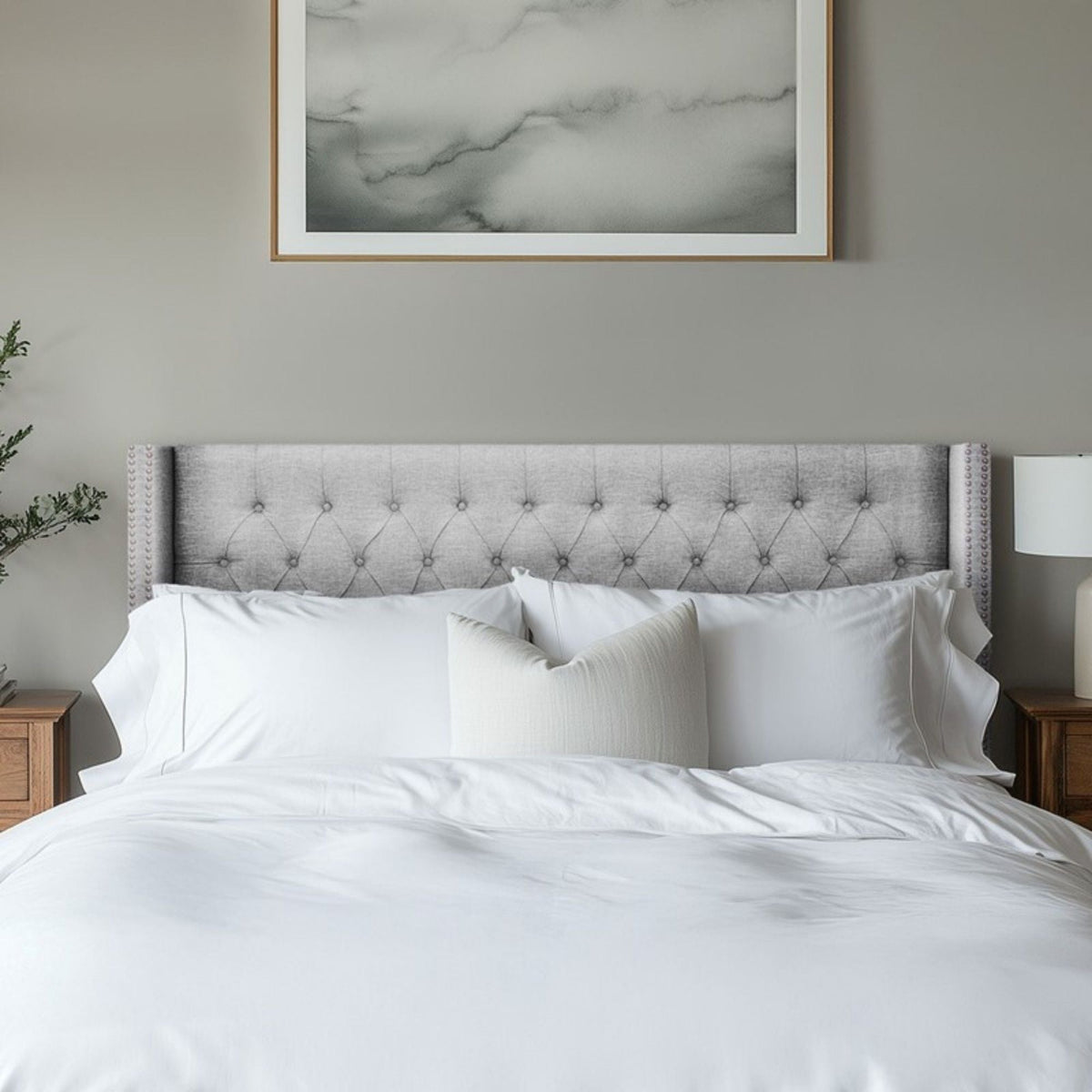 Transitional Upholstery Headboard with Tufted Buttons and Nailhead Trim - Queen, Gray or Blue