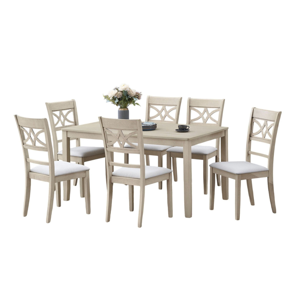 7 Piece Dining Room Set with Cross Back Chairs - Antique White & Light Oak