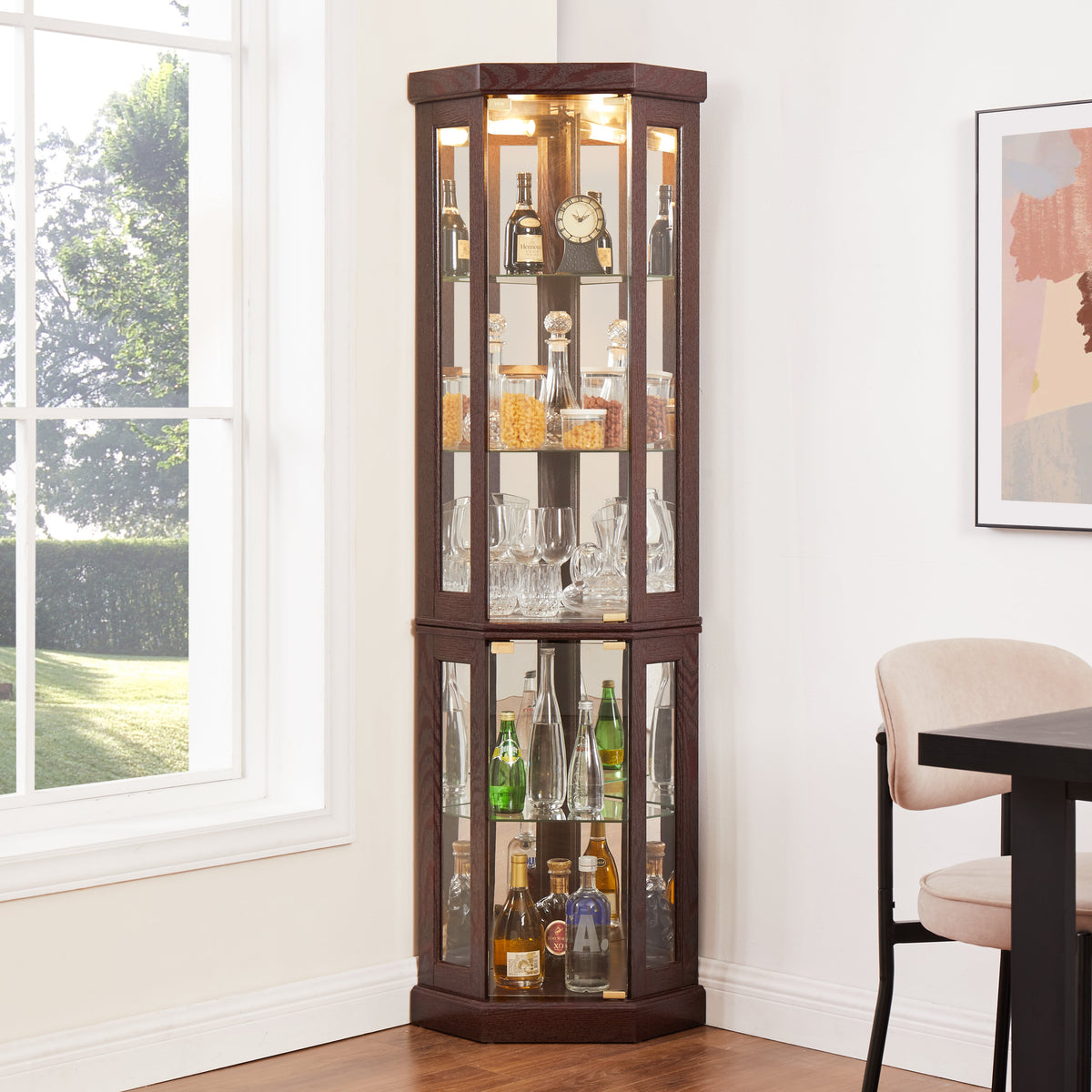 Corner Glass Curio Cabinet with Lighting - Dark Cherry
