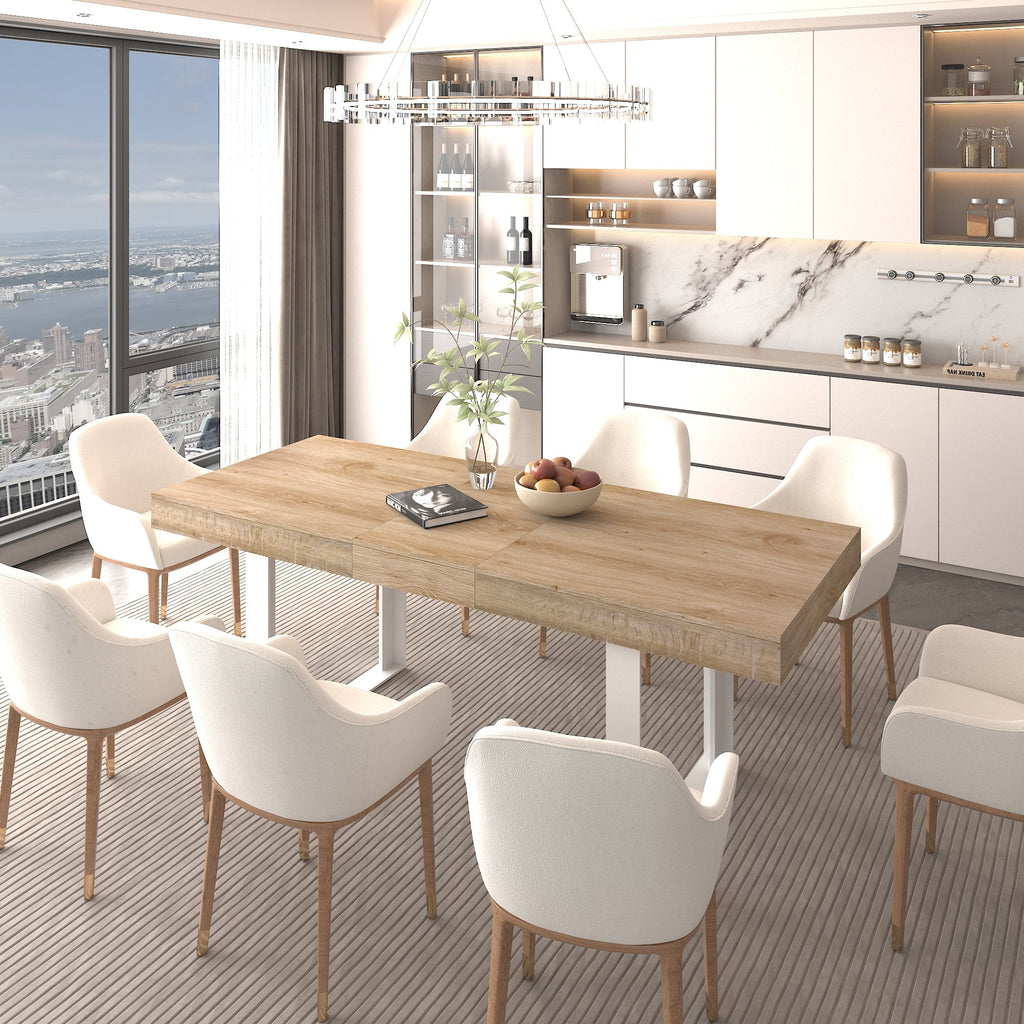 Extendable Dining Room Table with Retractable Design - Oak Grain/White