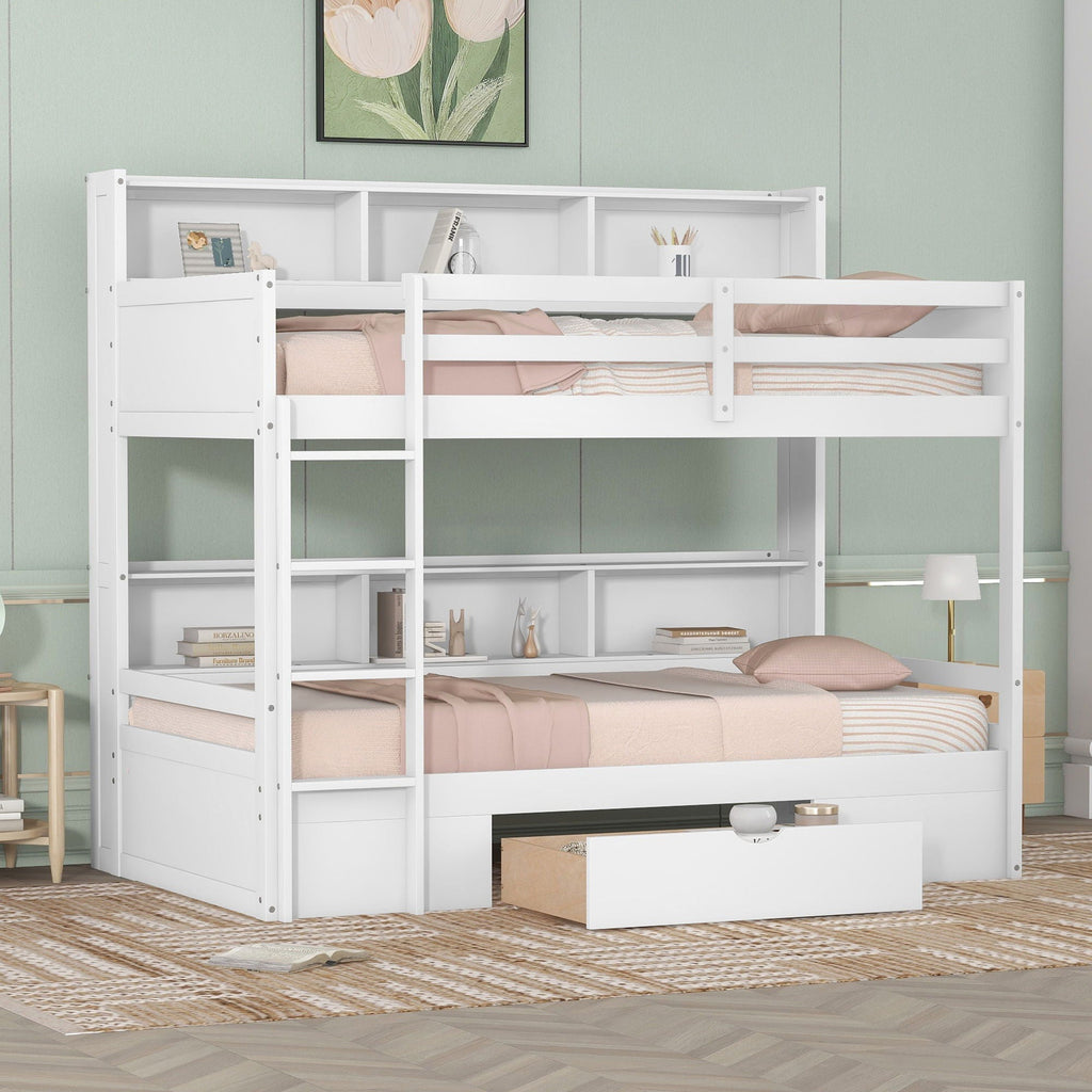Twin Size Bunk Bed with Built-In Shelves and Storage Drawer - Dark Gray or White