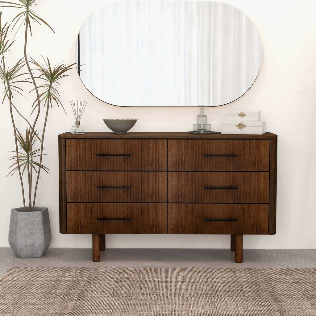Brown 6-Drawer Dresser with Walnut Finish – Solid Wood